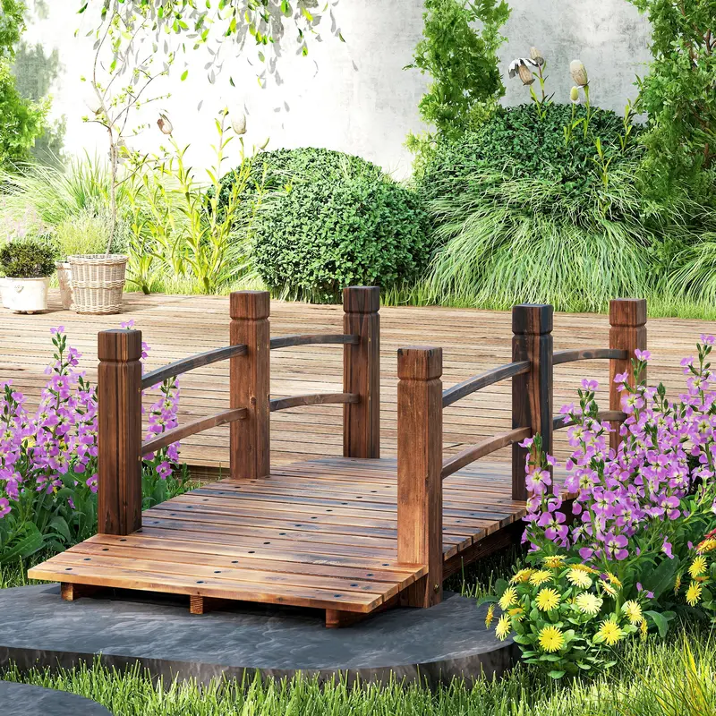 1.5 M Stained Wooden Garden Bridge – Arched Pond Walkway With Railings For Yard Or Water Feature Decoration 1