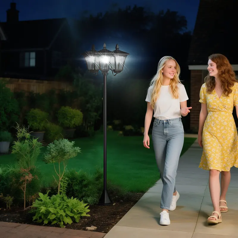 1.8 M Victorian-Style Solar Post Lamp – 3-Way Head, Dimmable Led, Ip44-Rated Pathway Lantern – Black 1