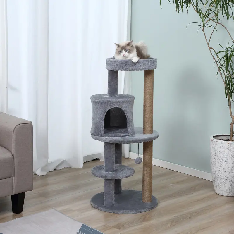104 Cm Grey Cat Condo Tower With Scratching Posts, Cozy Perches & Play Ball – Indoor Activity Center 1