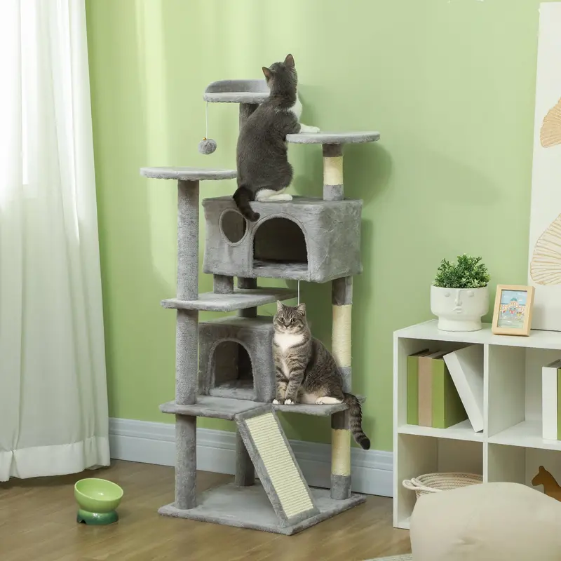 138 Cm Multi-Tier Cat Tree – Light Grey Tower With Scratching Posts, Bed, Condos, Platforms & Toys 1