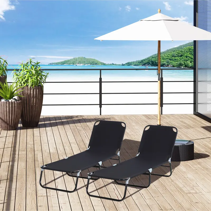 2-Piece Foldable Sun Lounger – Black Mesh-Recliners With 5-Position Backrest & Breathable Fabric 1