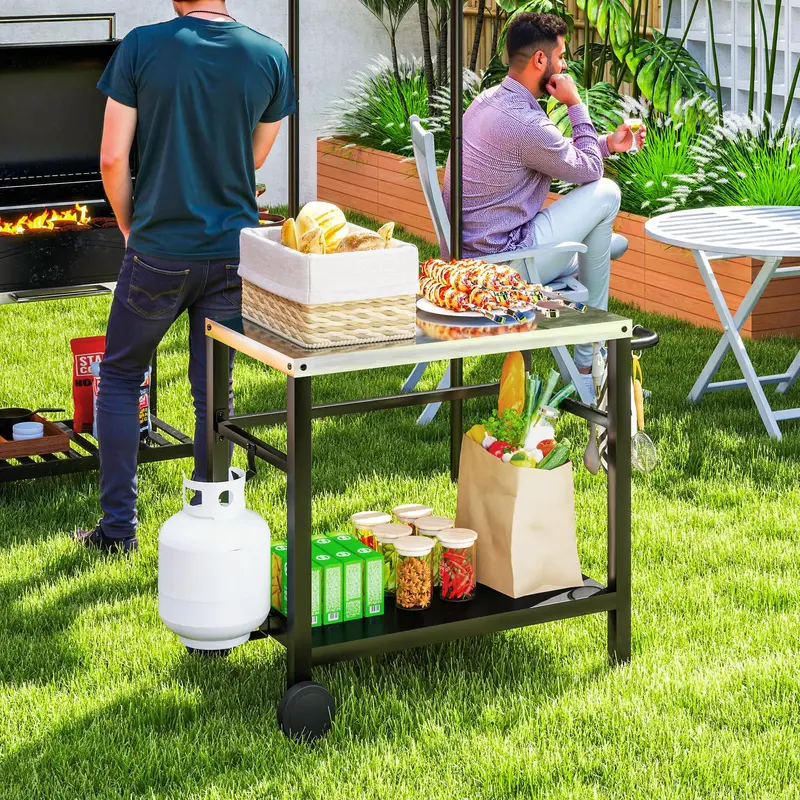 2-Shelf Portable Bbq Grill Cart – Stainless Steel Worktop, Wheels, Hooks & Handle For Outdoor Pizza Oven Or Food Prep Station 1