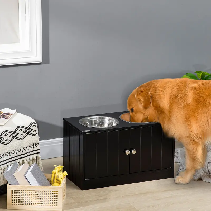 Adjustable Dual-Bowl Pet Feeding Station – Black Raised Feeder With Storage Compartment 1