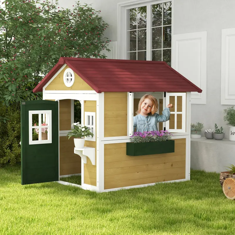 Beige Wooden Playhouse For Toddlers – Garden Play Structure With Functional Doors, Windows & Planters (3–8 Years) 1