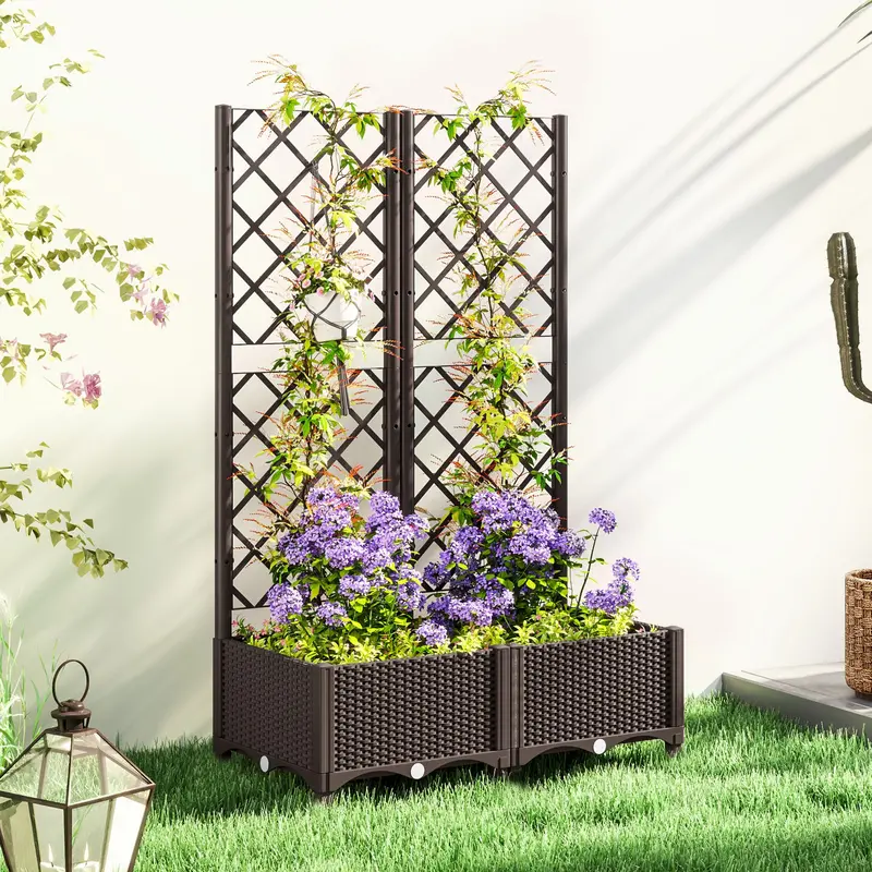 Brown Elevated Garden Planter With Trellis – Durable Pe Reservoir Bed For Flowers & Veggies 1