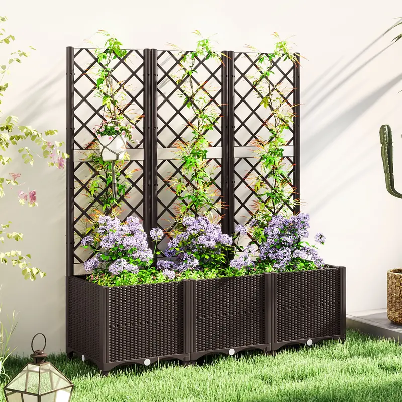 Brown Plastic Raised Garden Bed With Trellis – Self-Watering Planter For Climbers & Produce 1