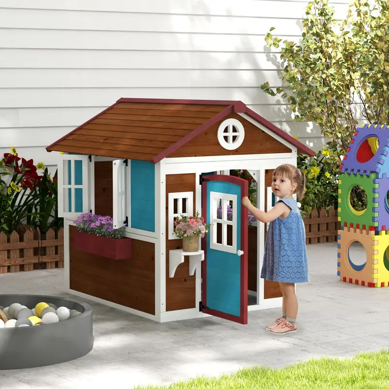 Dark Brown Wooden Playhouse For Children – Outdoor Play Structure With Windows, Doors & Planters (3–8 Years) 1