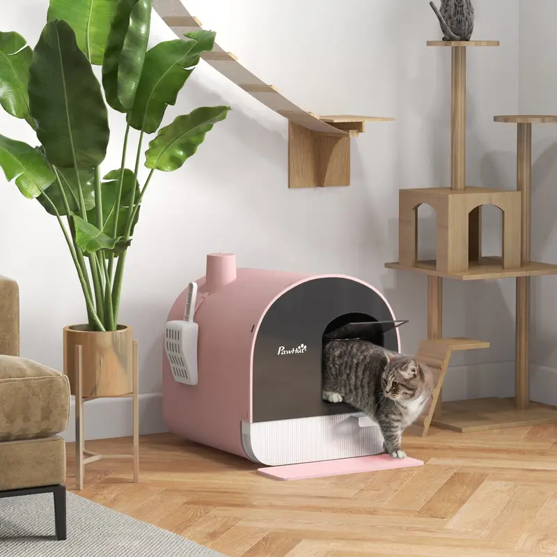 Enclosed Kitten Litter Box – Hooded Design With Filter, Flap Door, Scoop & Pink Finish 1