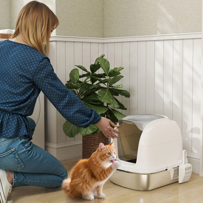 Enclosed Stainless Steel Cat Litter Box With Flip Lid And Integrated Scoop 1