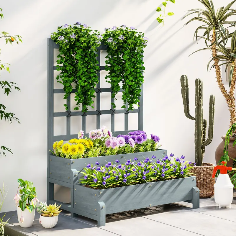 Grey Two-Tier Wooden Raised Garden Bed – Trellis-Integrated Planter For Vines & Vegetables 1