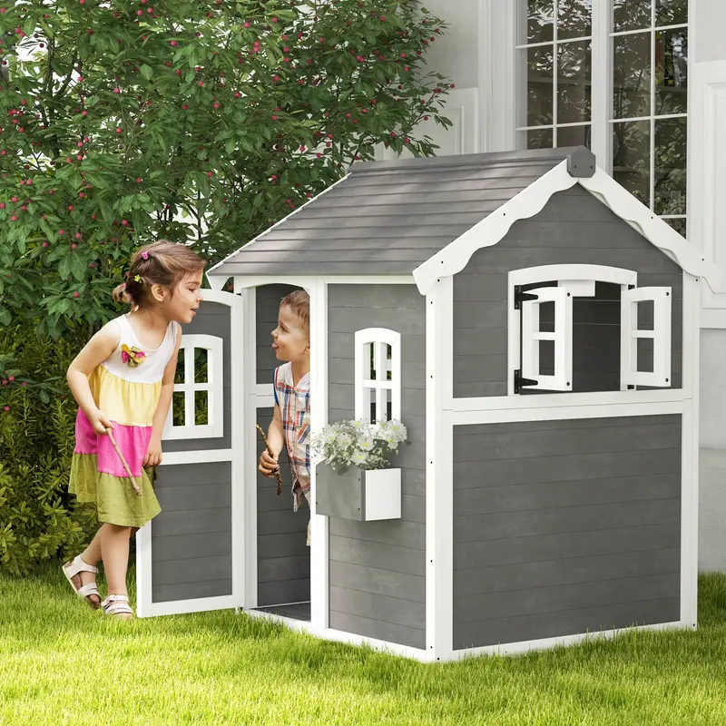 Grey Wooden Kids’ Playhouse – Garden Play Structure With Doors, Windows, Floor & Planter Box (Ages 3–8) 1