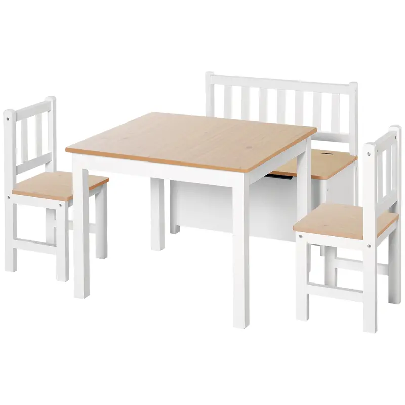 Mcl 4-Piece Kids Furniture Set – Modern Beige & White Table, Two Chairs, And Storage Bench 1