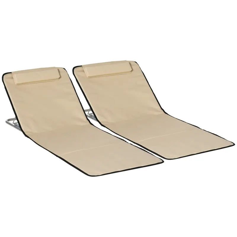Mcl Dual-Fold Beach Lounger Set – Lightweight Pe Fabric Sun Chairs With Adjustable Metal Frames, Head Pillows & Carry Bag (Beige) 1