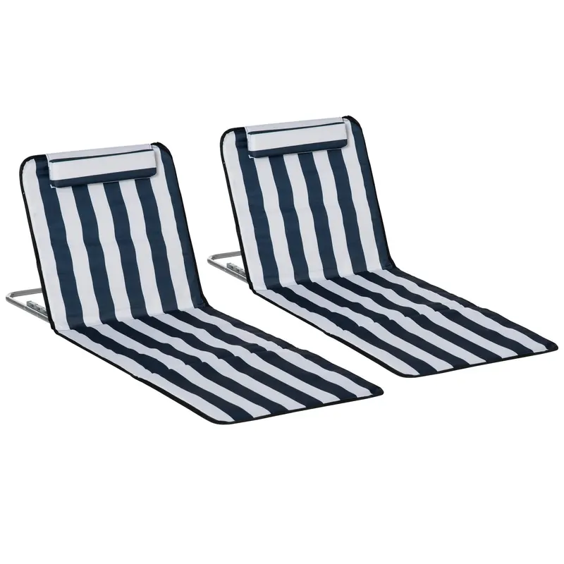 Mcl Dual-Fold Beach Lounger Set – Lightweight Pe Fabric Sun Chairs With Adjustable Metal Frames, Head Pillows & Carry Bag (Blue) 1