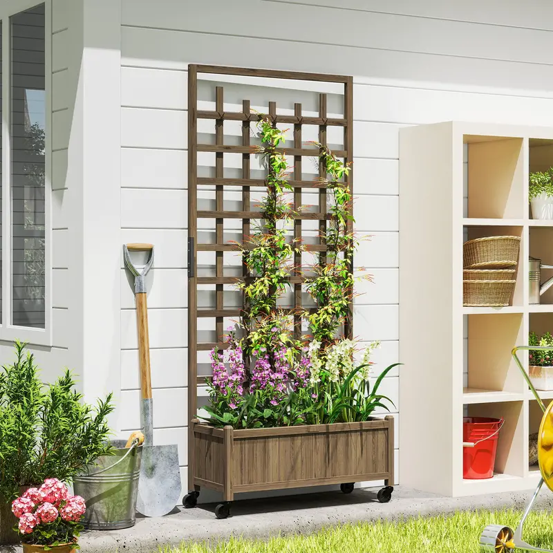 Rolling Wooden Trellis Planter For Climbing Herbs, Flowers, And Vegetables 1