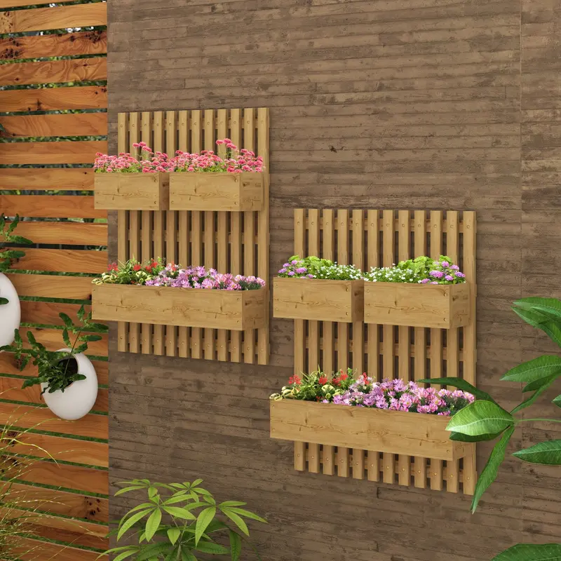 Set Of 2 Carbonised Wooden Wall-Mounted Planters With Trellis – Drainage-Ready Raised Garden Beds For Patios 1