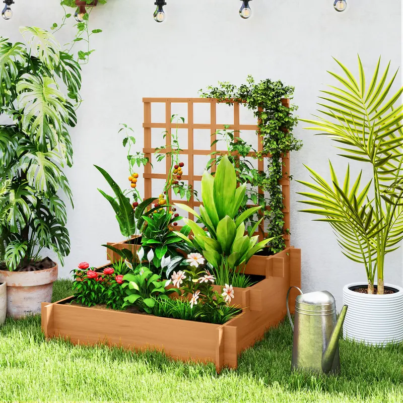 Three-Tier Wooden Planter With Trellis Support For Vertical Gardening – 95 X 95 X 110Cm 1