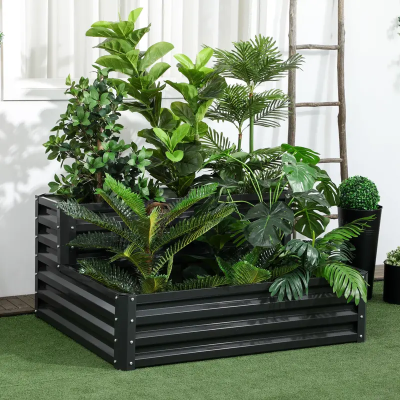 Two-Tier Galvanized Raised Garden Bed With Open Bottom For Vegetables, Herbs, And Flowers – 120X101X58Cm, Dark Grey 1
