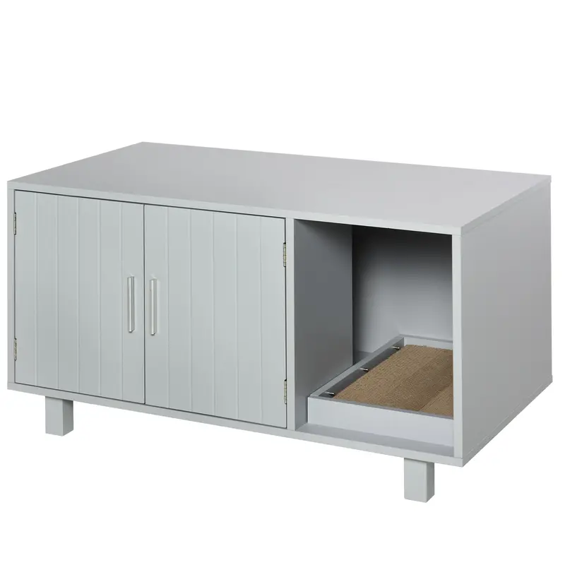 Wooden Cat Litter Enclosure With Nightstand Design – Grey Feline House Featuring Magnetic Doors & Built-In Scratcher 1