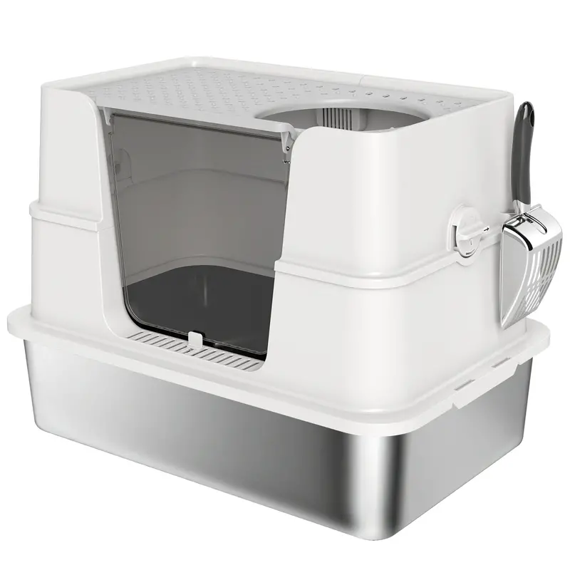 Xl Stainless Steel Cat Litter Box With 100° Flip Top, Dual Entry & Odor Control 1